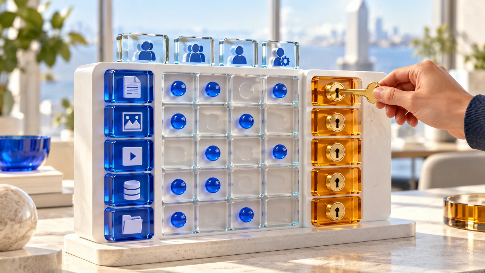 A hand turns a key in a column of amber locks on a console with blue file icons, a grid of toggles and user profile tiles.