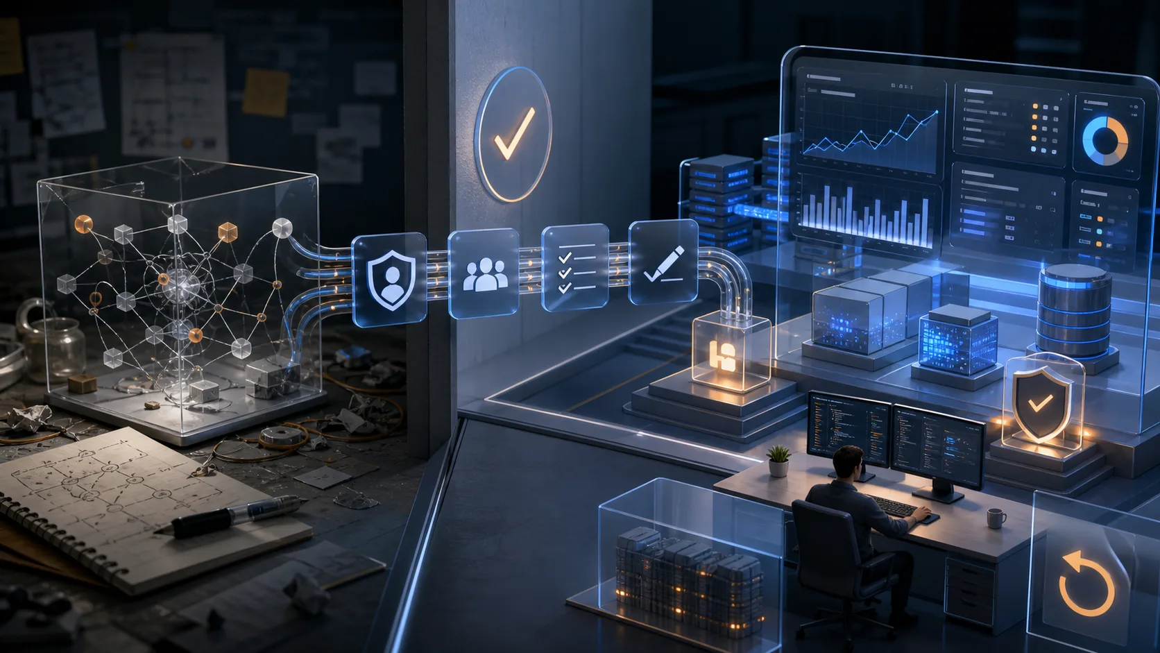 AI workflow moving from a fragile demo prototype into a controlled production environment.