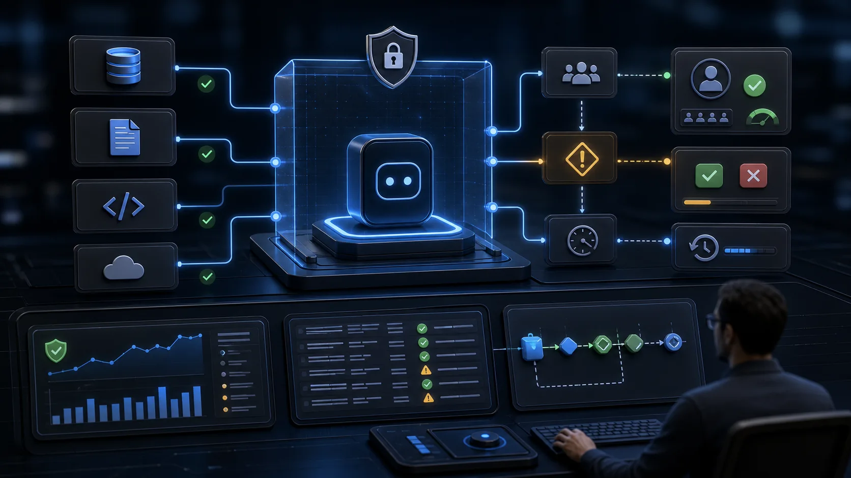 Production AI agent inside scoped permission boundaries with approval gates, audit logs and rollback controls.