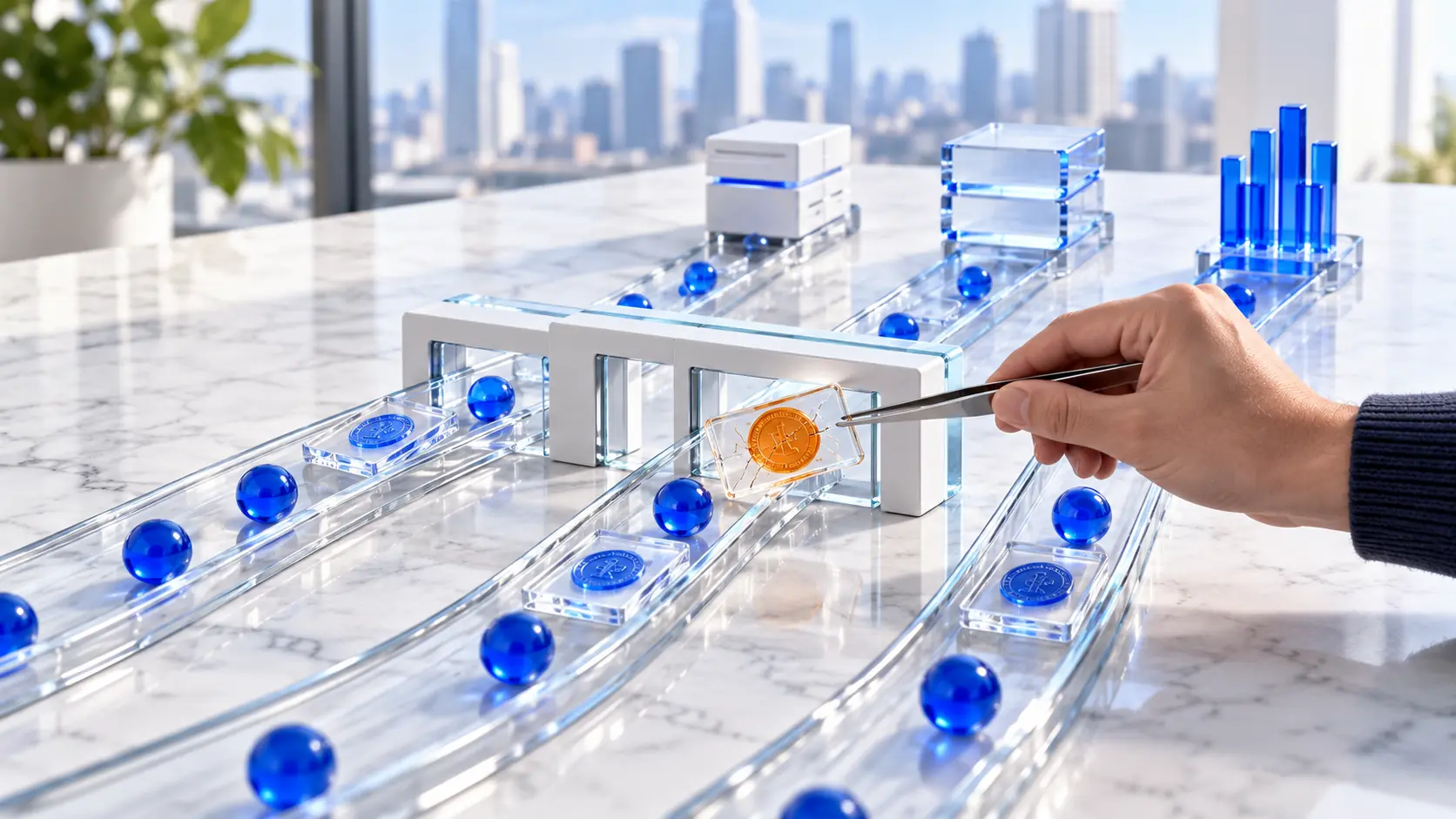Glass tracks with blue spheres on a marble table; under a white arch, tweezers lift out a tile with a cracked orange seal.