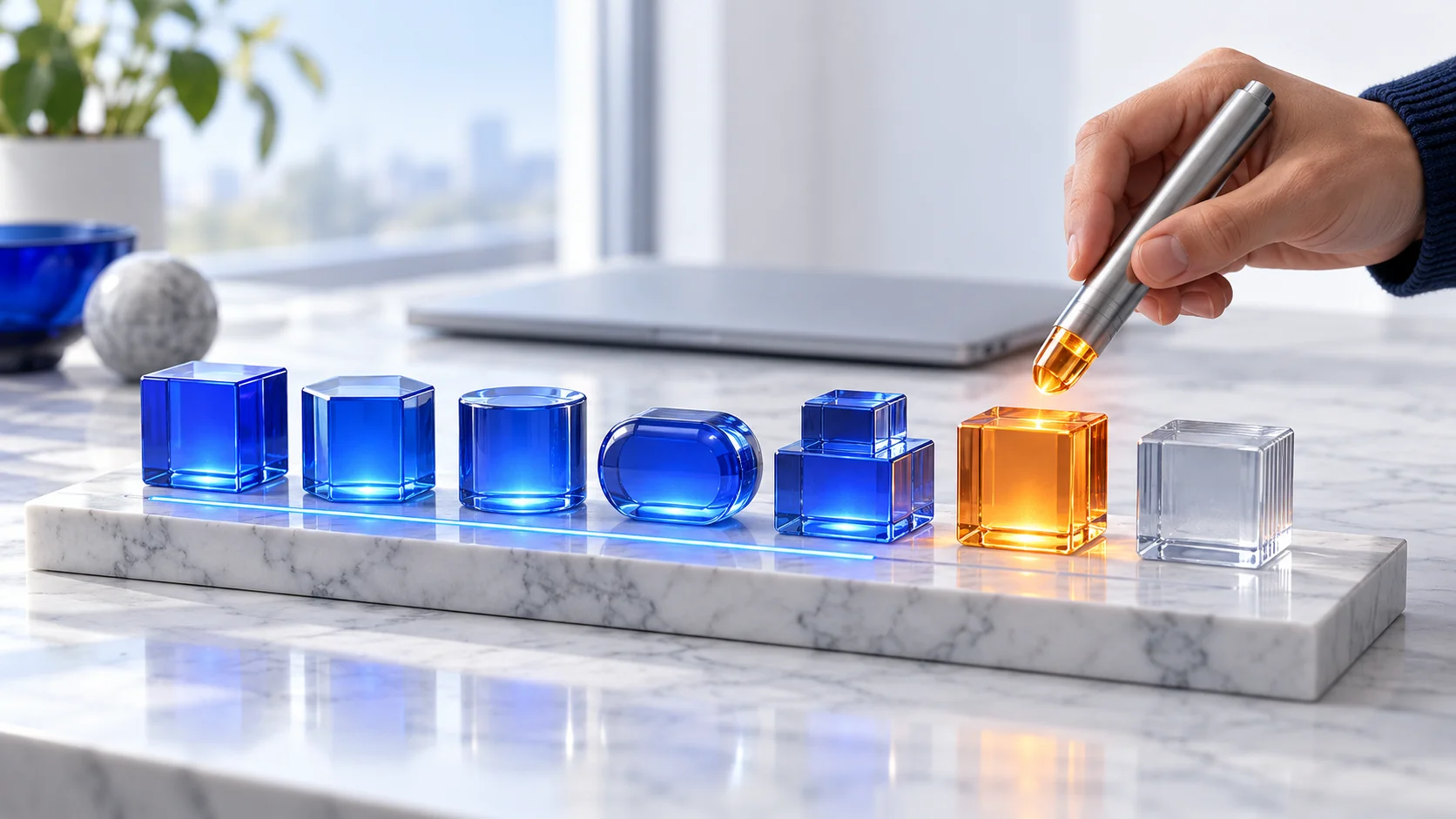 Seven glass blocks on marble: five cobalt ones verified, a hand probing an amber one, and a clear one not yet reviewed.