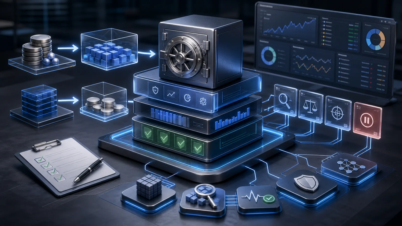 ERC-4626 vault accounting stack with asset flows, preview checks, monitoring dashboards and pause controls.