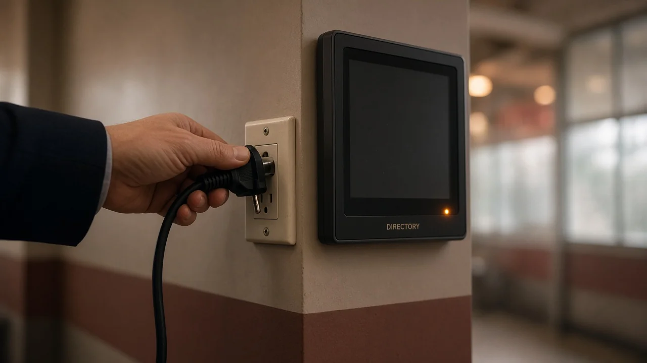 A hand in a plain sleeve unplugs a power cord next to a dark wall directory screen with a faint amber standby light in an institutional corridor.