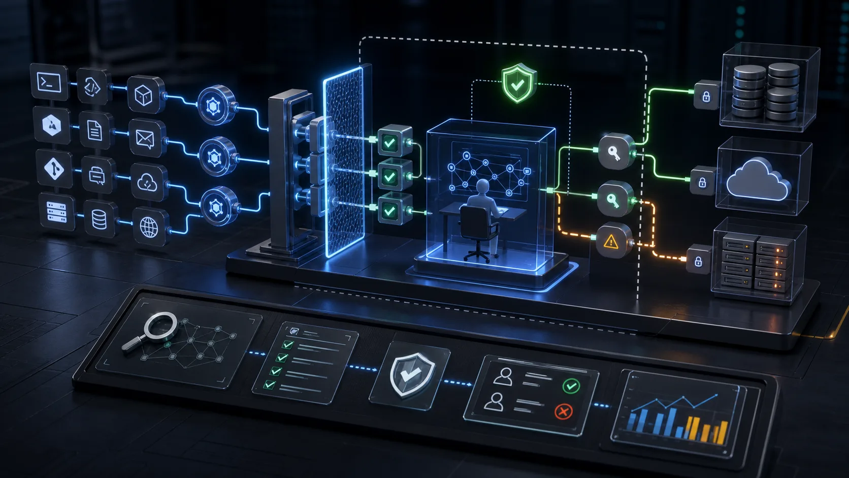 Secure AI tool connector architecture with MCP-style tools, permission scopes, audit trails and approval gates.