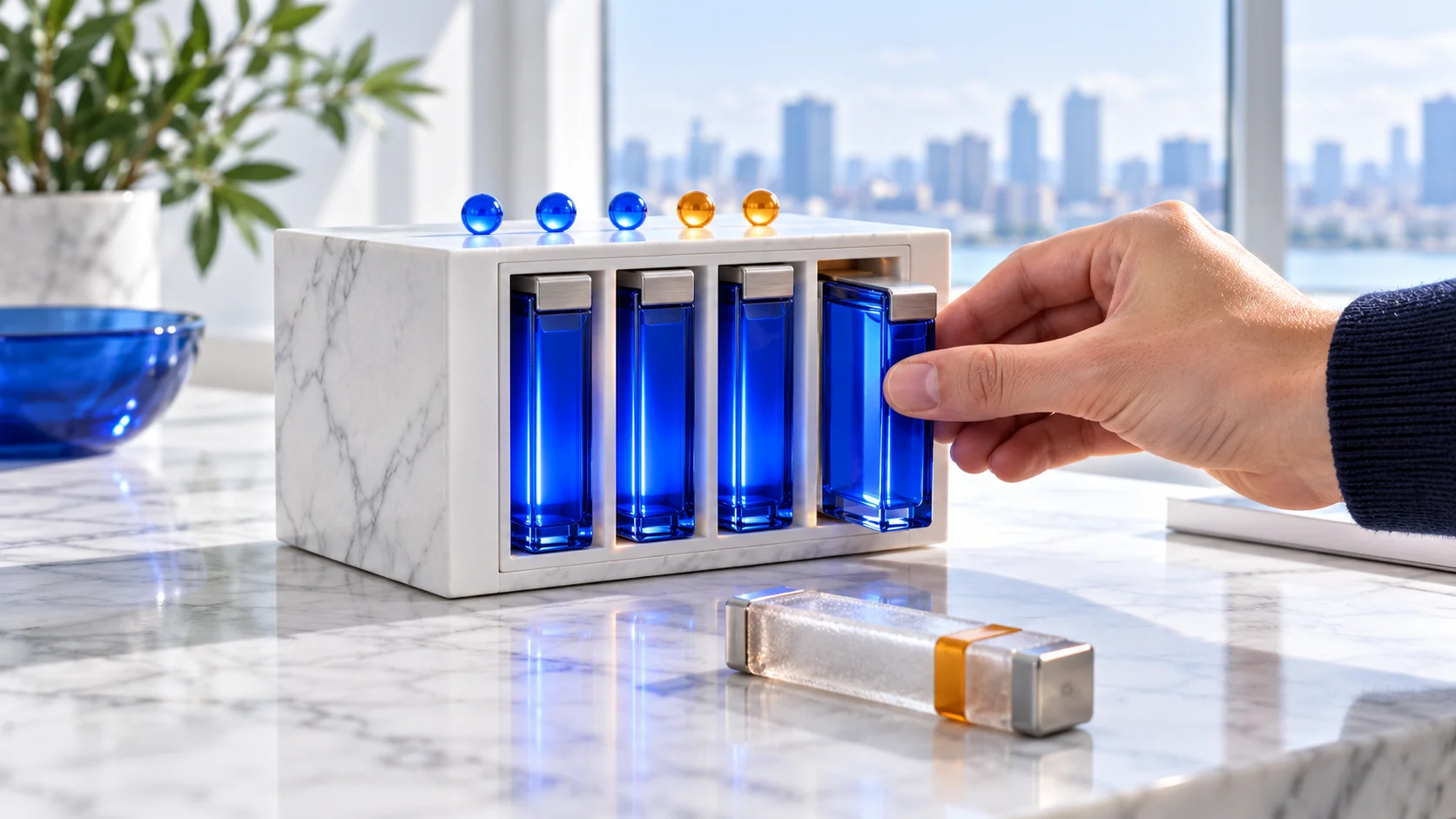 A hand slides a new cobalt cartridge into a white marble module; the old frosted one lies in front; five lights glow above.