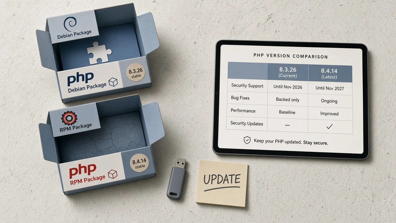 Top-down still life of open .deb and .rpm style packages with version stickers, a USB stick, an UPDATE sticky note, and a tablet comparing PHP versions.