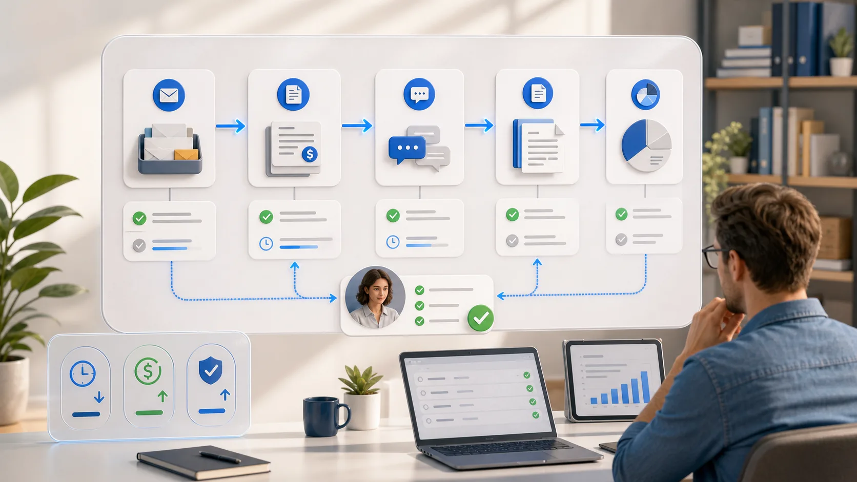 Small business AI automation workflow with intake triage, quote preparation, follow-up, reporting and human review.