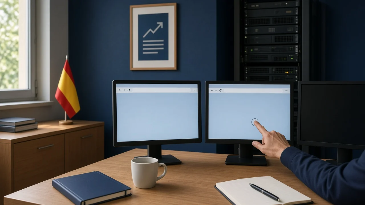 Daylit IT desk; a hand powers off one of several generic monitors (blank blue browser chrome); small Spanish flag on a cabinet; navy walls and wood.
