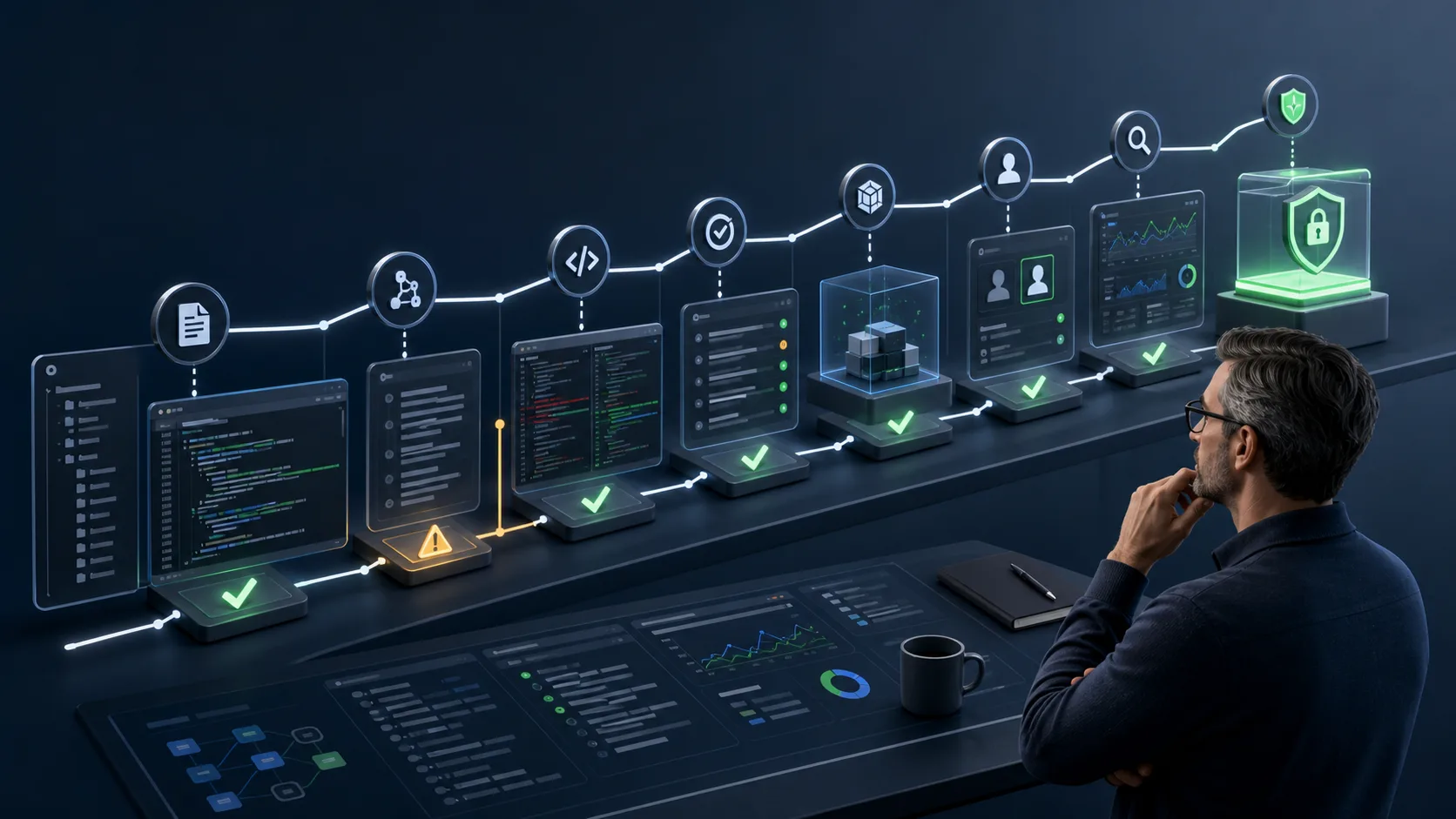 Evidence ladder for AI-assisted engineering with source context, automated checks, human approval and monitoring.