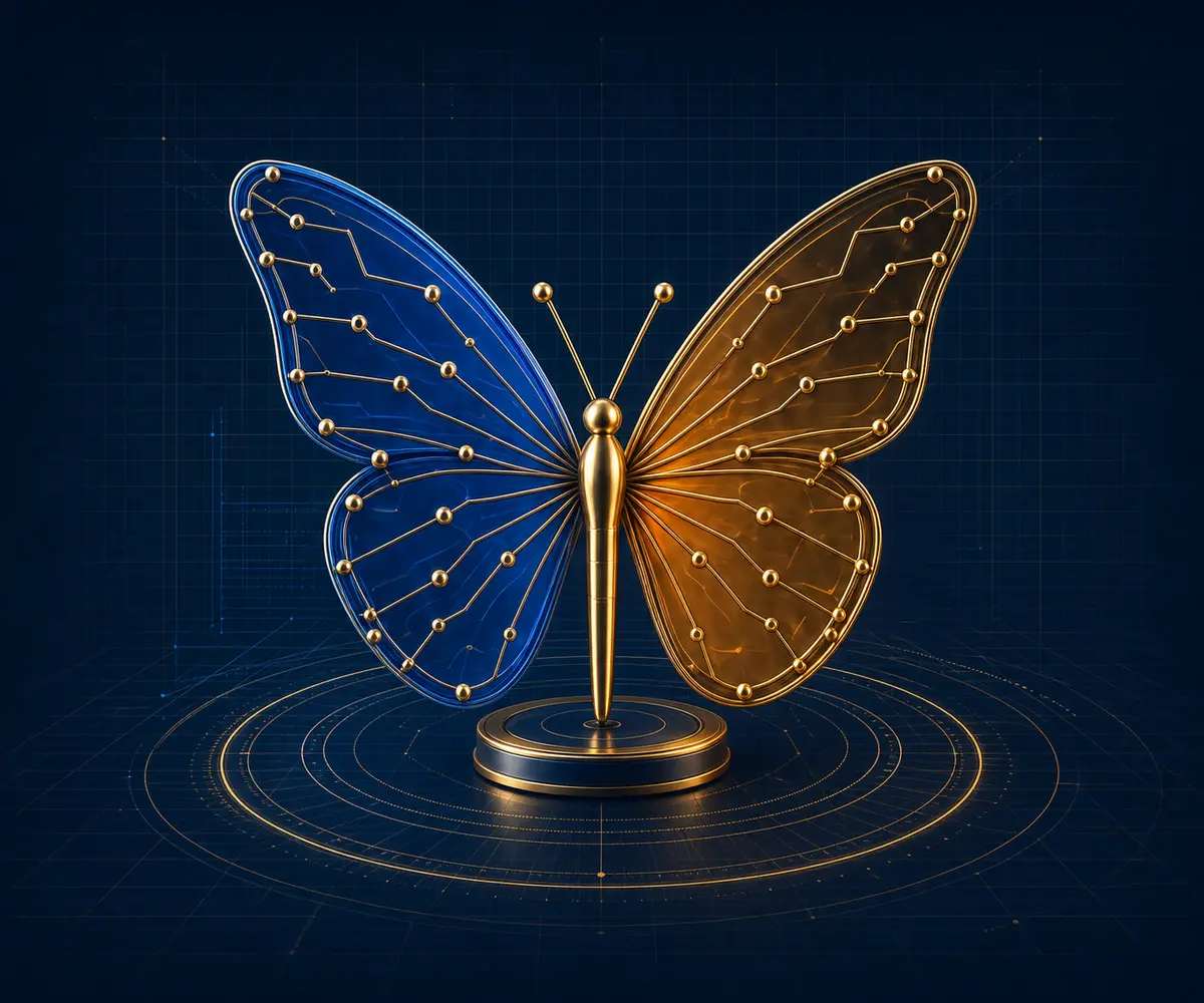 Cobalt and amber butterfly expressing a governed Nexuain workflow