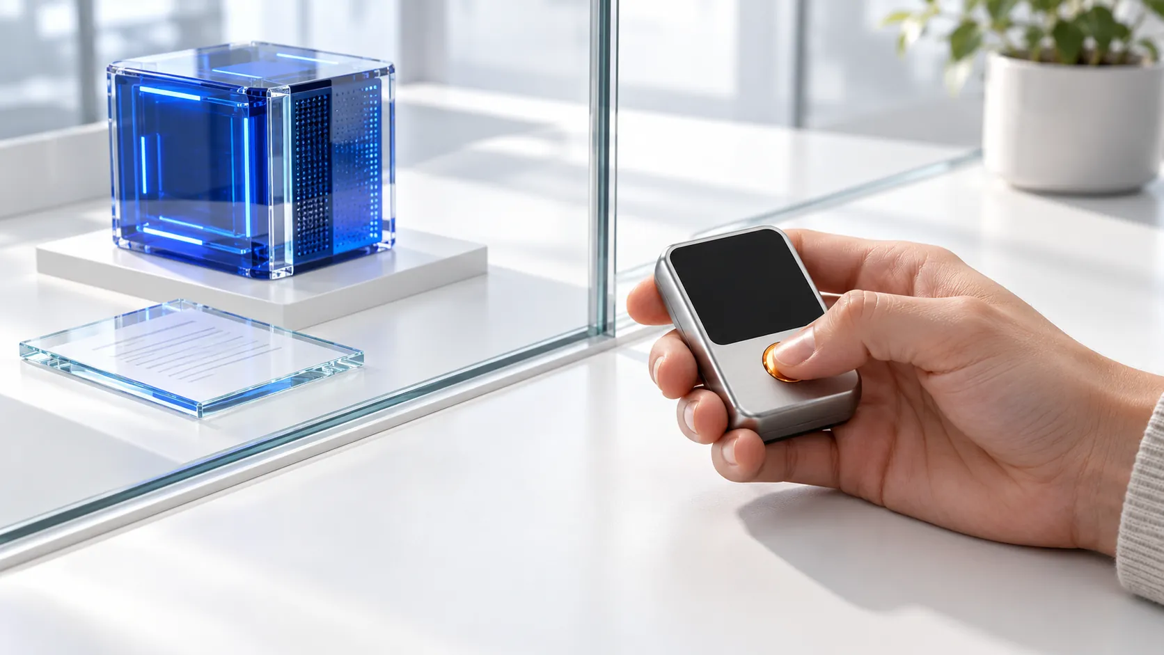 A glowing blue cube and a document sit behind a glass panel; in front, a hand presses the orange button of a signing device.
